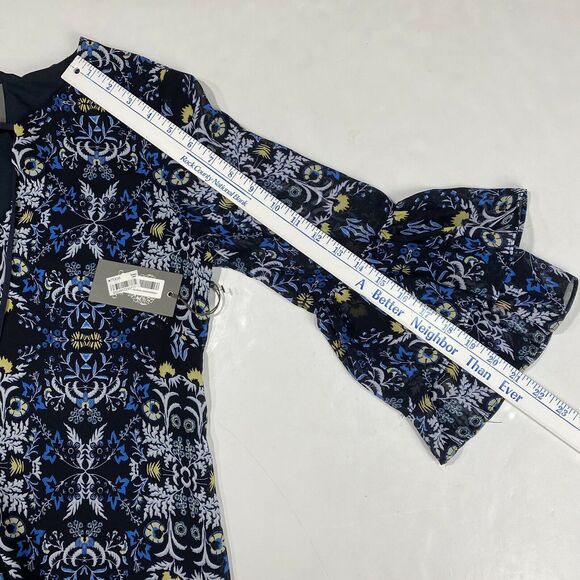 Vince Camuto Mini Dress Sz 6 Navy Blue Floral Tiered Ruffled Sleeve Tassels NEW - Picture 7 of 11